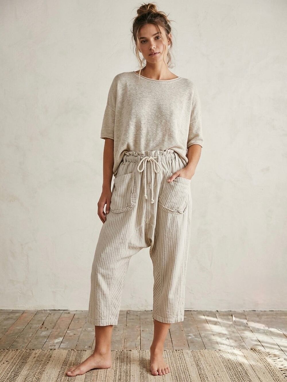 Free People Striped Cotton Drop Crotch Harem Pants XS Rope Drawstring Boho
